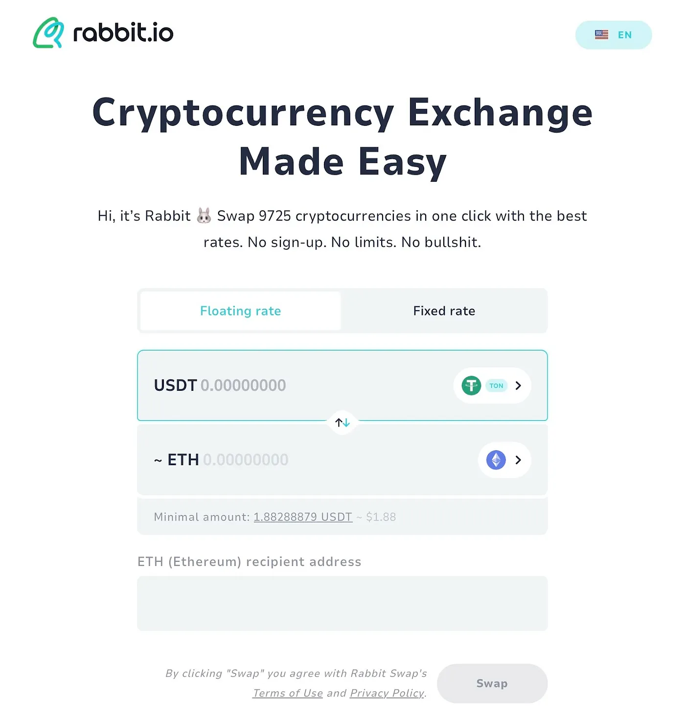 Minimal swap amount on rabbit.io