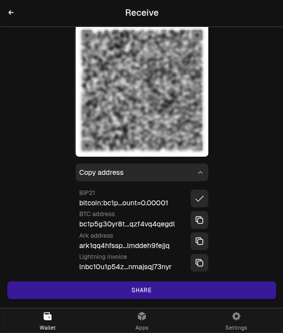Options for receiving BTC in the Arkade Wallet