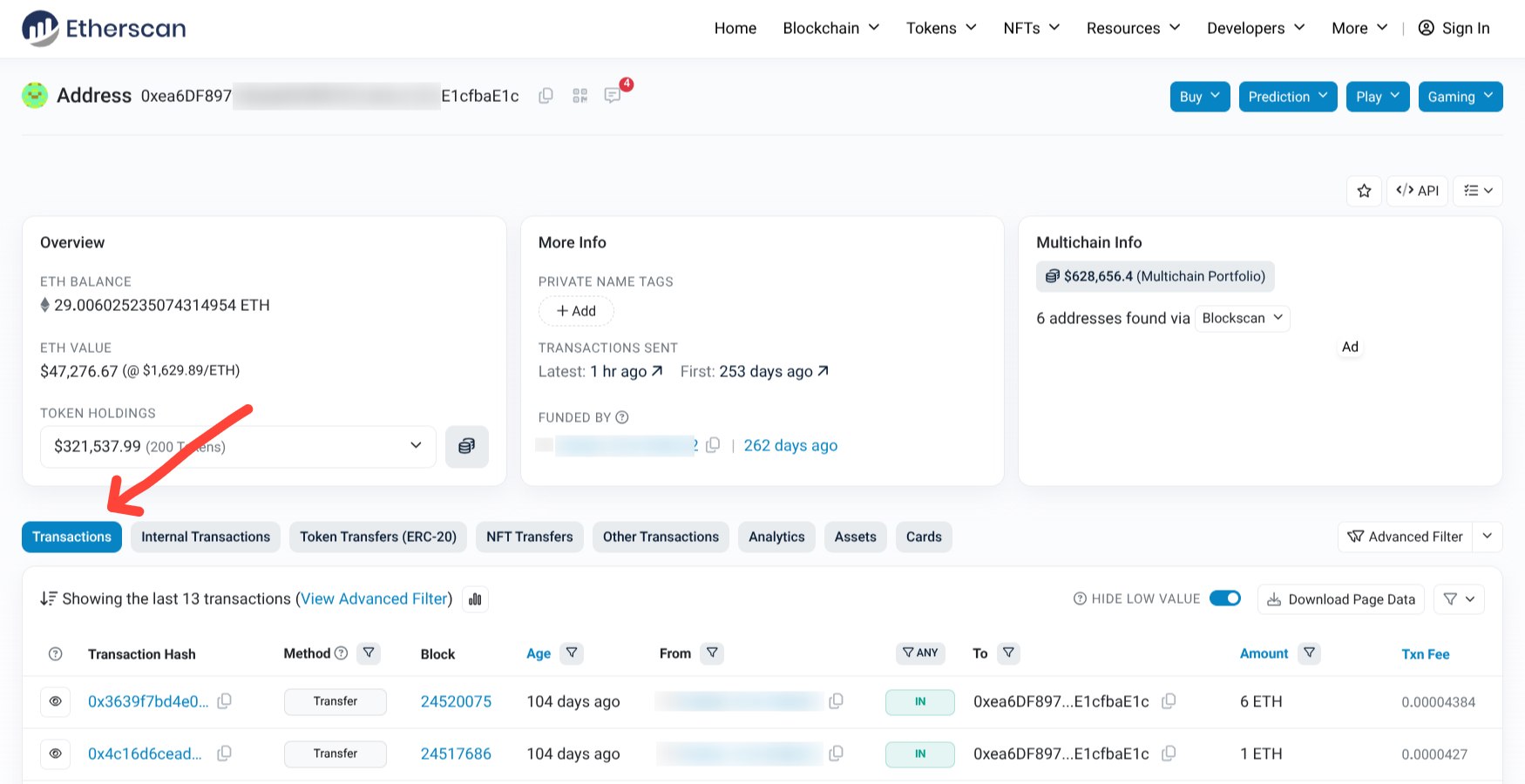 Ethereum main transactions tab