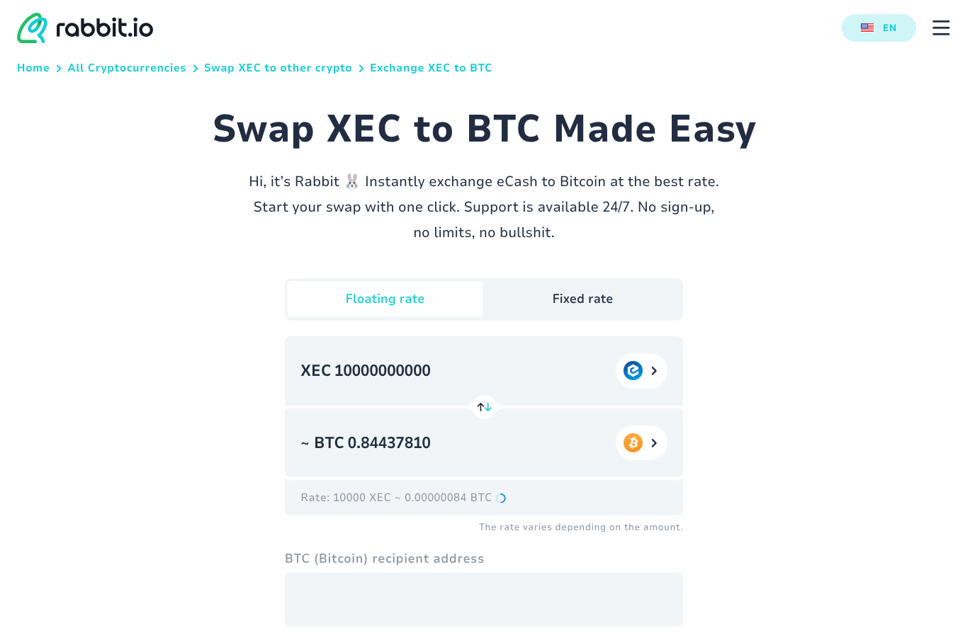 XEC exchange interface on rabbit.io