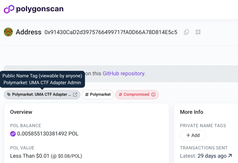 Dirección de administrador comprometida de Polymarket en Polygonscan