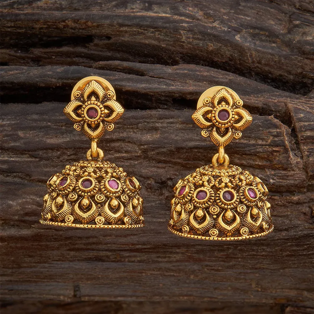 Gold Polished Jhumka Earrings | Kushal's Antique | Synthetic Stones