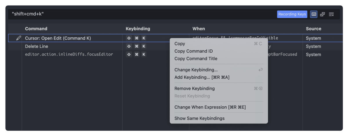 How to remove a key binding in Cusrsor IDE