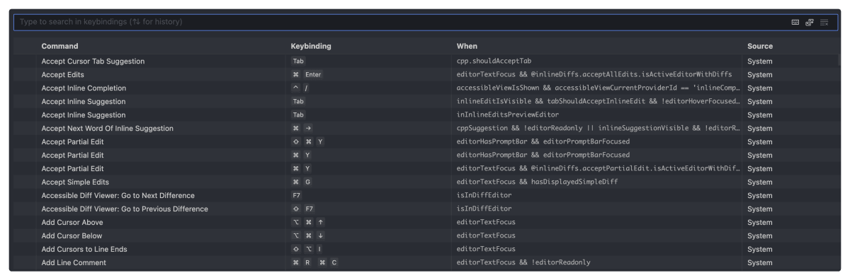 Cursor IDE key binding UI