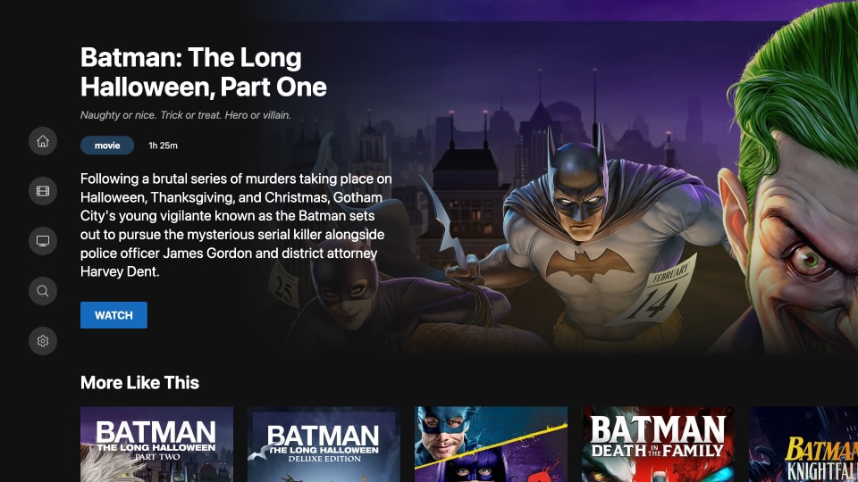 Smart TV homepage screenshot showing left menu navigation, top featured hero banner for Batman: The Long Halloween, Part One, and recommendation rows below
