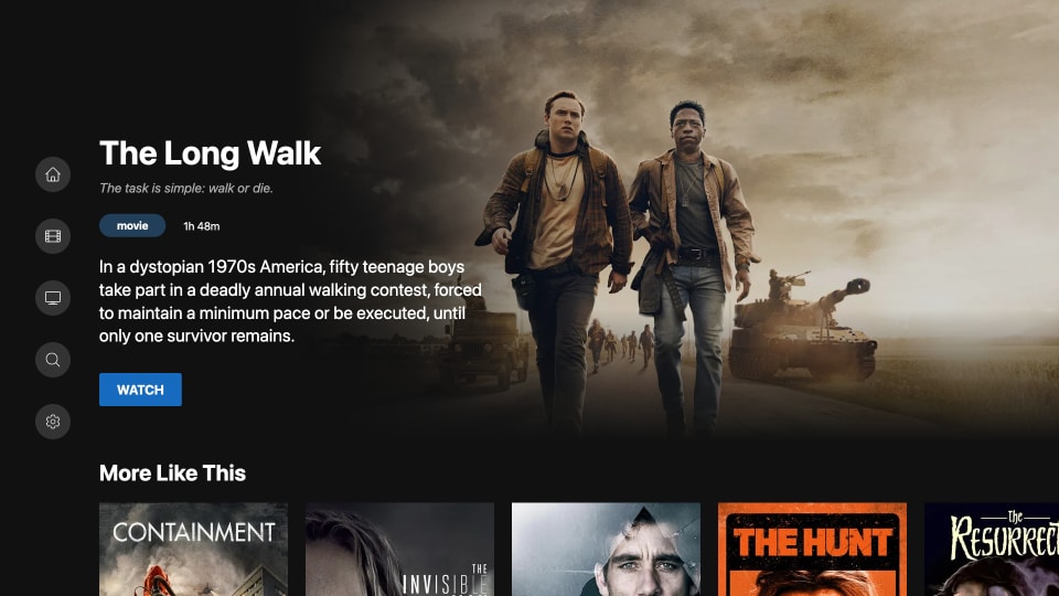 Smart TV homepage screenshot showing left menu navigation, top featured hero banner for The Long Walk, and recommendation rows below