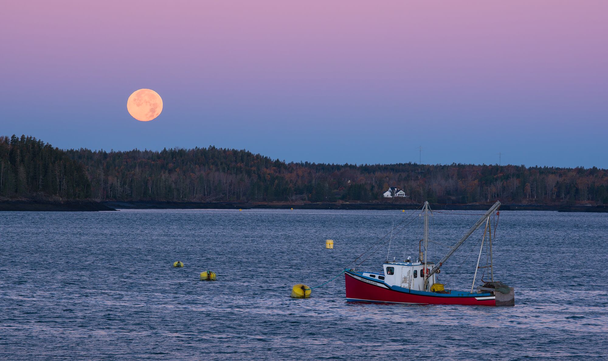 Full Moon Setting With Fishing Boat