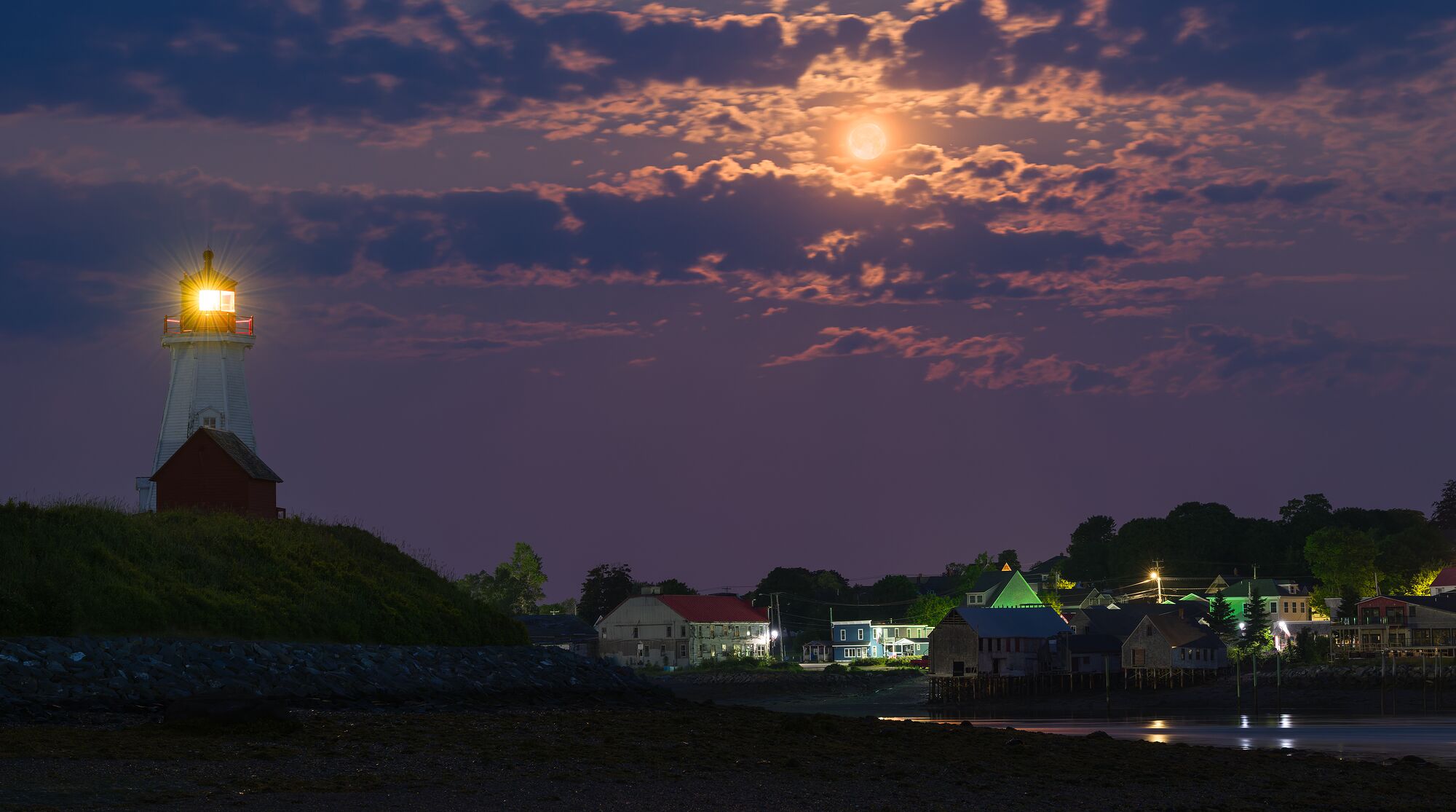 Moonset Over Mulholland Lighthouse and Lubec