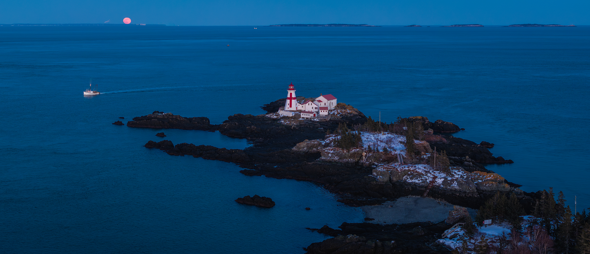Moonrise Aerial at Head Harbour Lighthouse