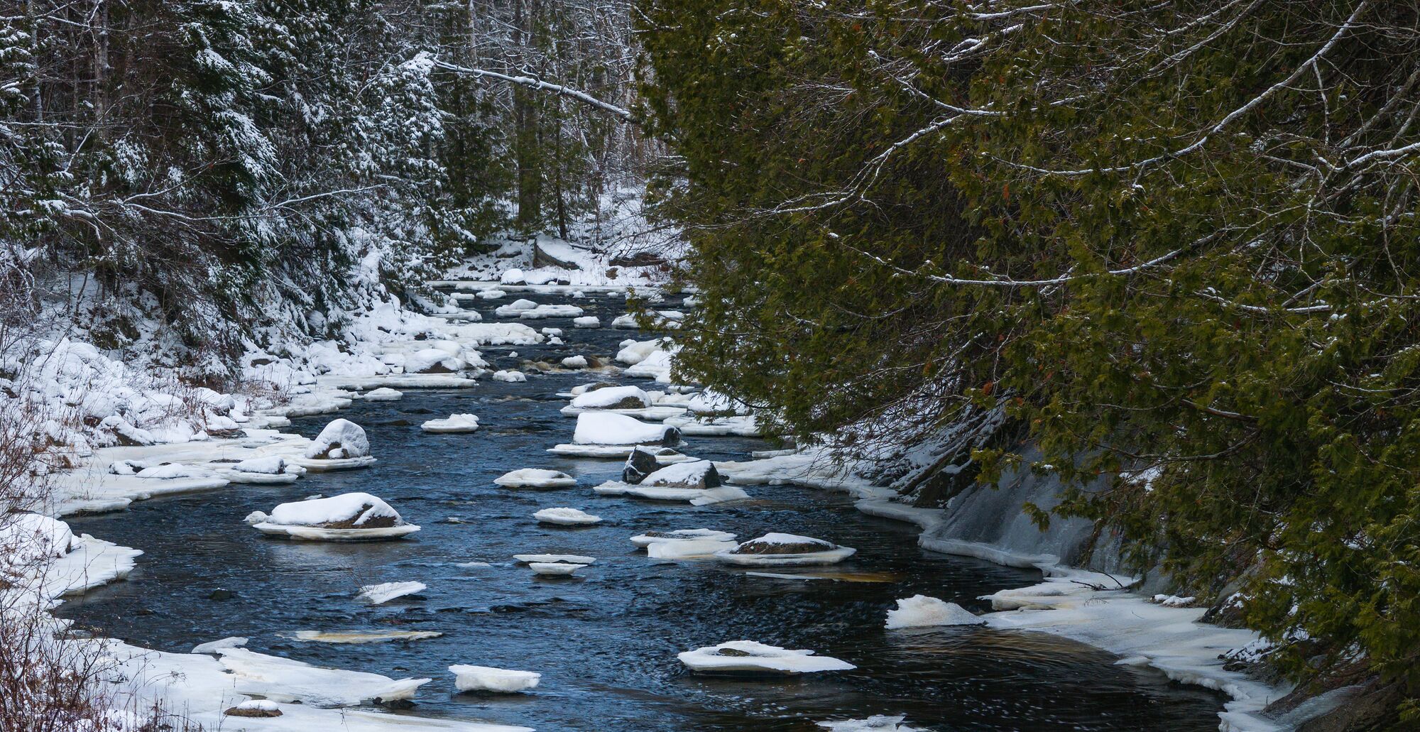 Stream in Snow Aerial Panorama