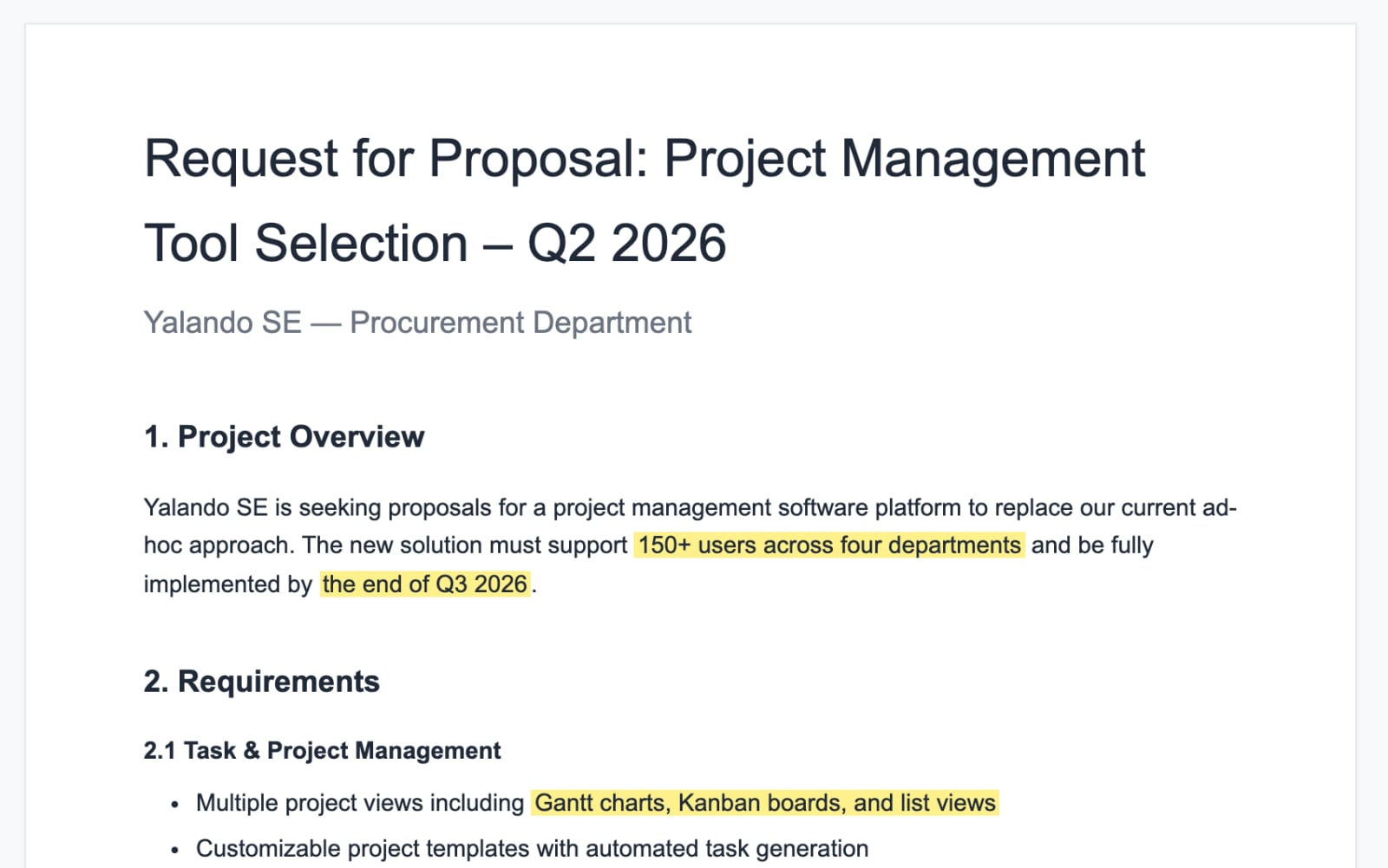Caddydraft drafting the RFx in Google Docs with seven sections generated