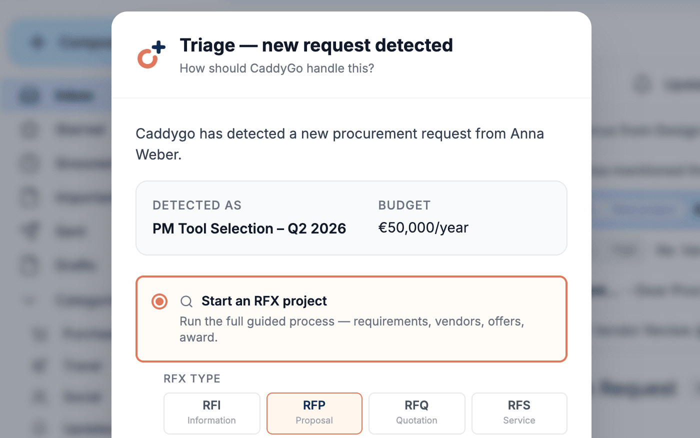 Caddygo triage overlay in Gmail detecting a new procurement request and classifying it as an RFP