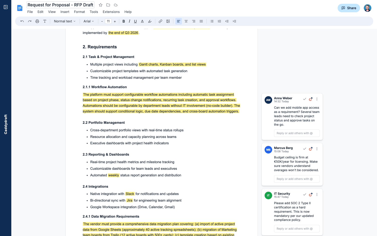 Finalized RFx in Google Docs with stakeholder comments from Anna Weber, Marcus Berg and IT Security