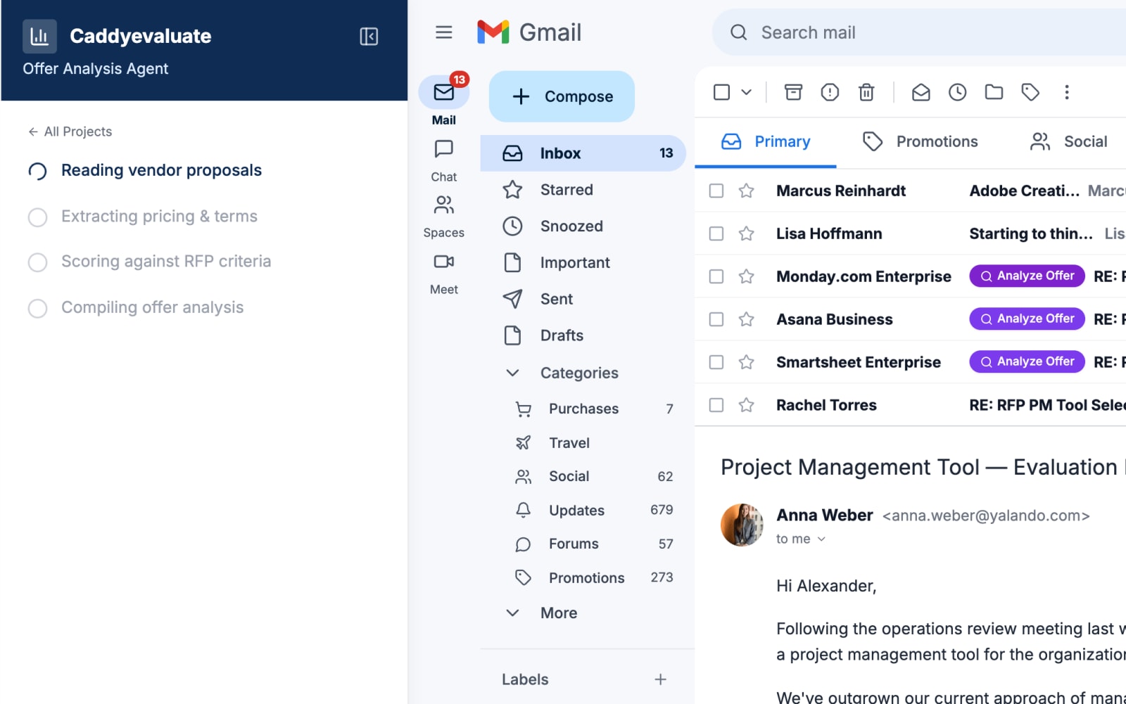 Offer analysis triggered on the vendor proposals in Gmail, Caddyevaluate starting to read them