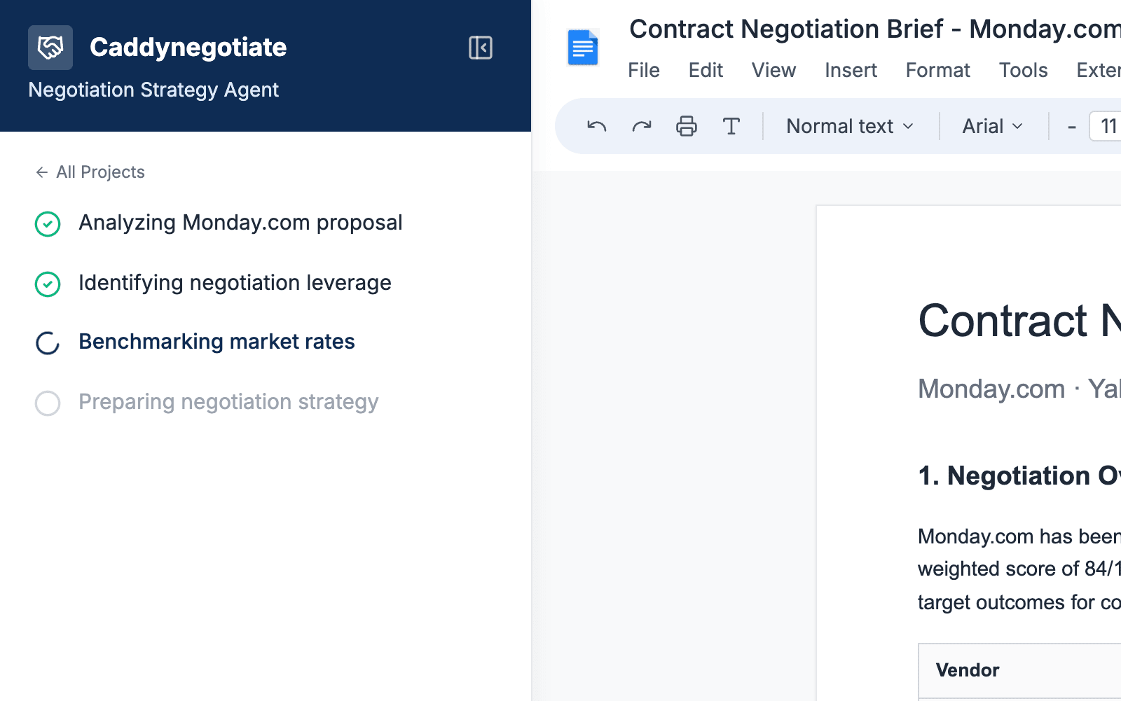 Caddynegotiate analysing the selected proposal in Google Docs to identify negotiation leverage