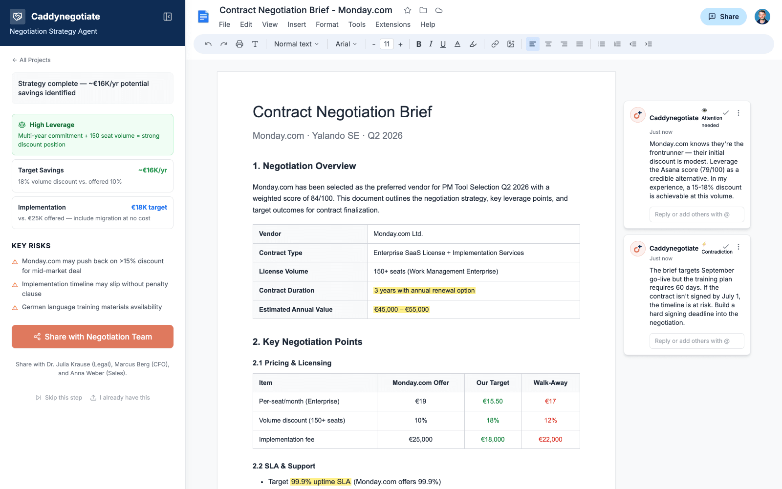 Negotiation brief in Google Docs with target pricing, walk-away positions and key risks