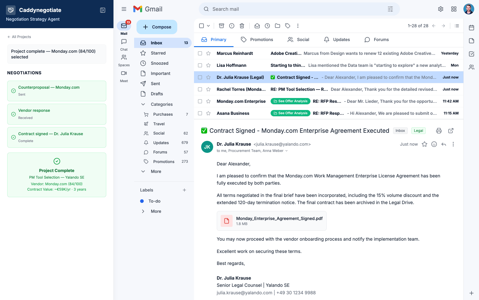 Legal team confirmation email in Gmail that the vendor contract is signed and executed
