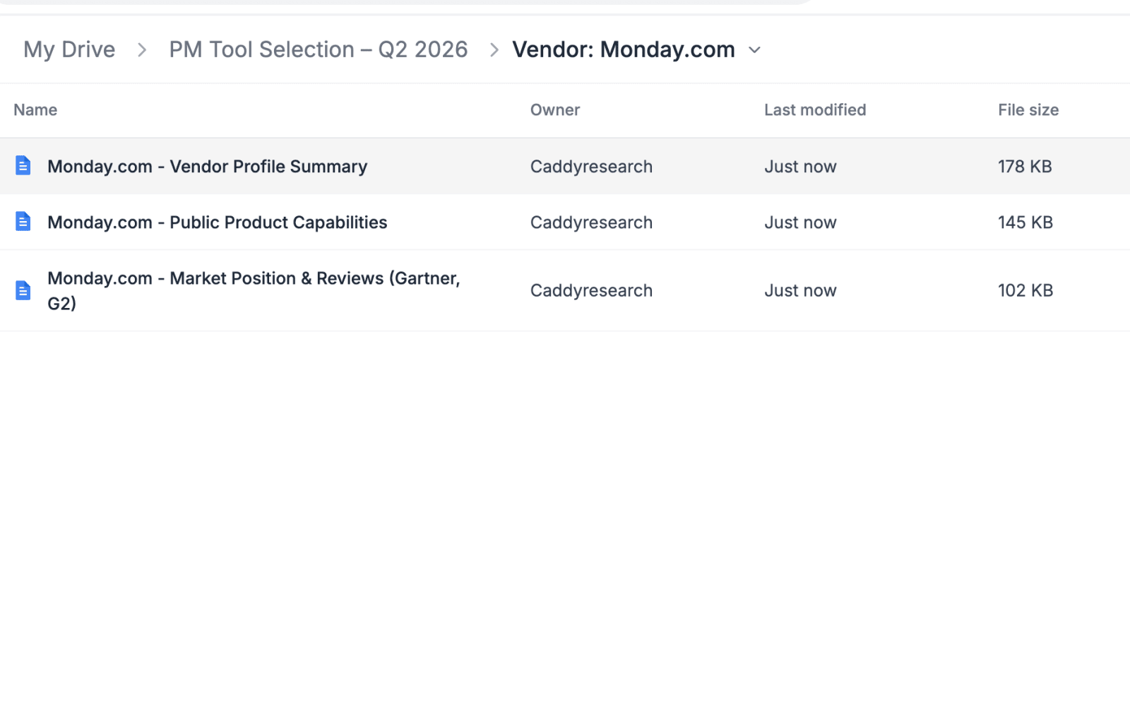 Vendor research files for Monday.com in Google Drive: profile summary, product capabilities and market position
