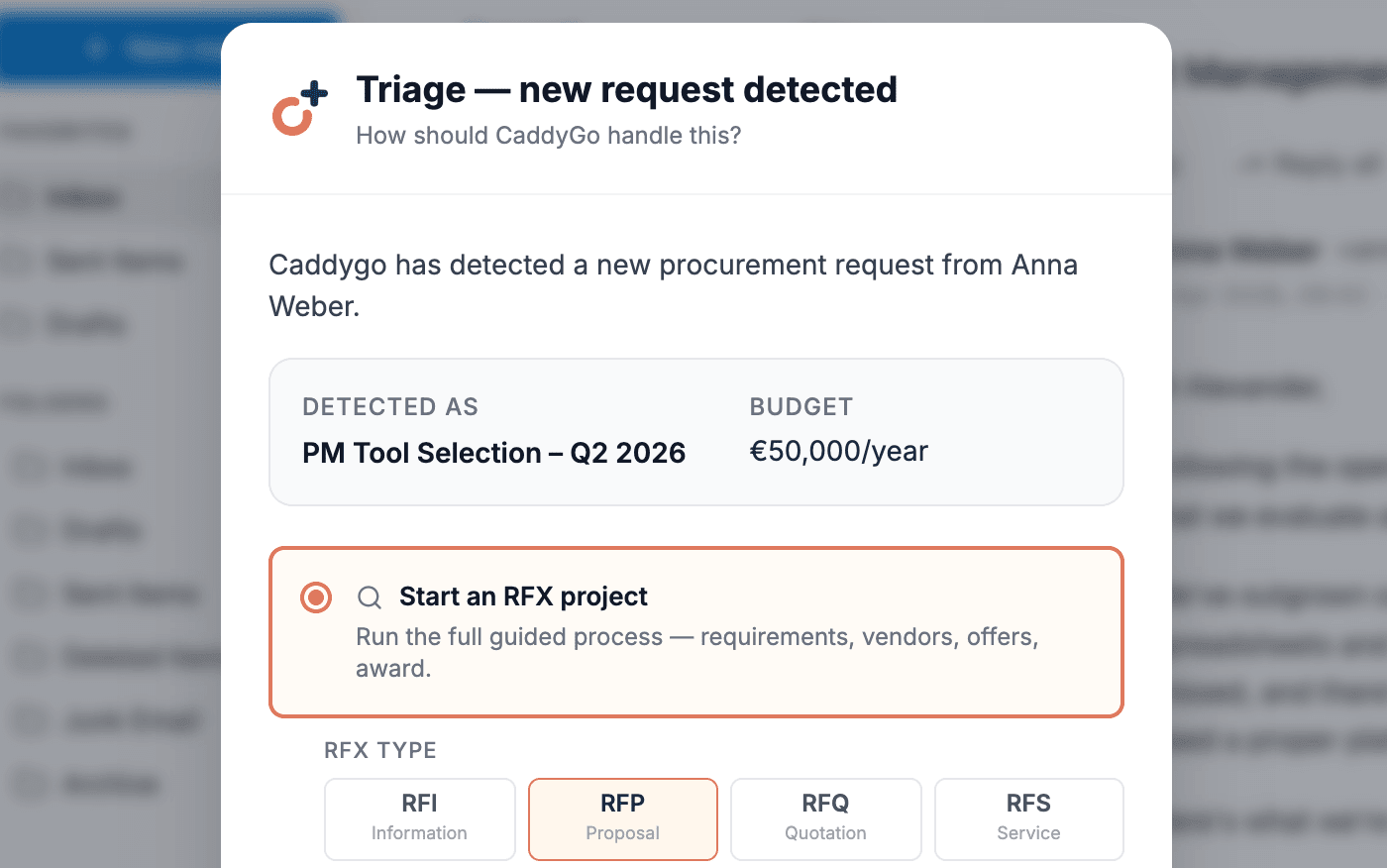 Caddygo triage overlay in Outlook detecting a new procurement request and classifying it as an RFP