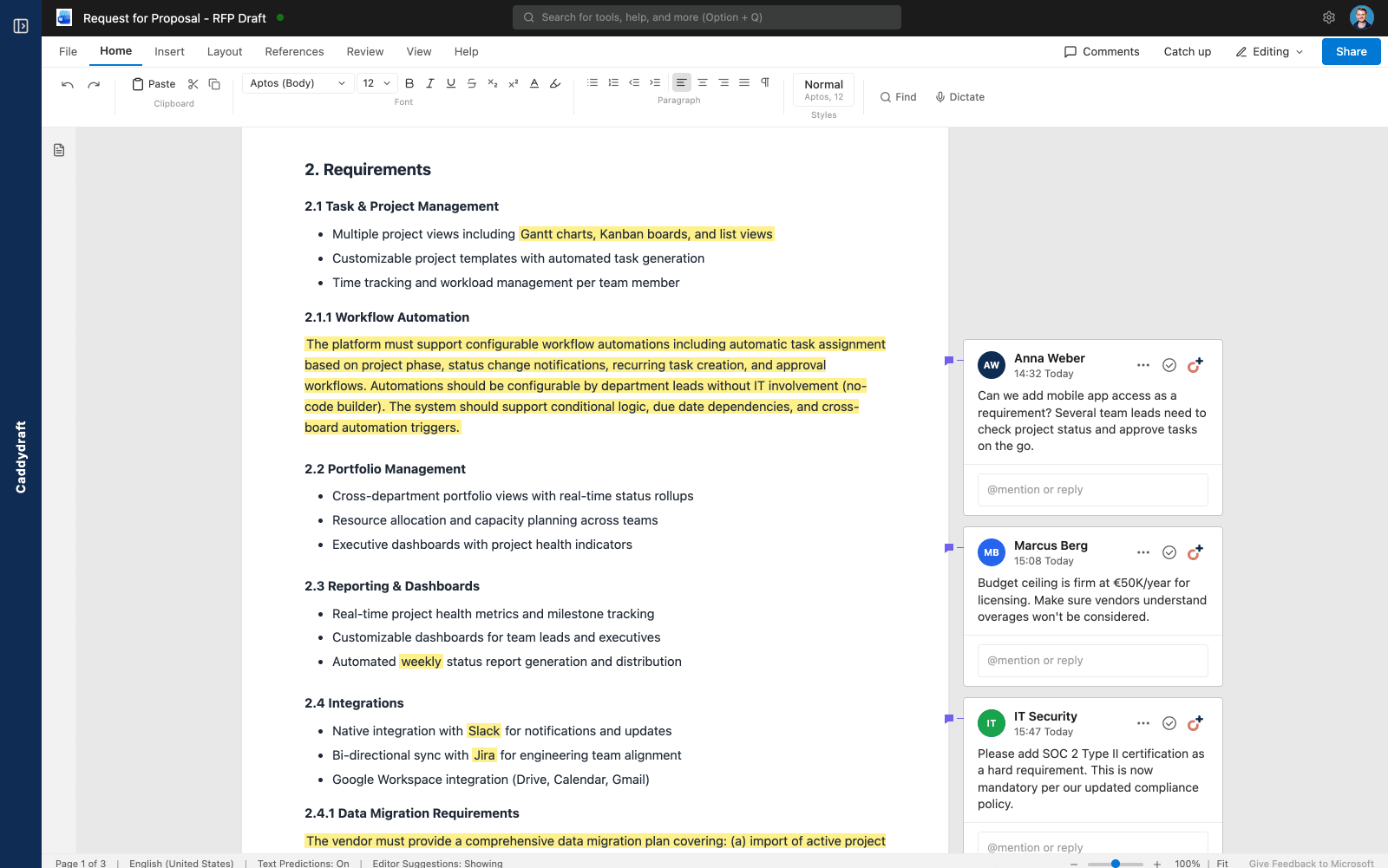 Finalized RFx in Word with stakeholder comments from Anna Weber, Marcus Berg and IT Security