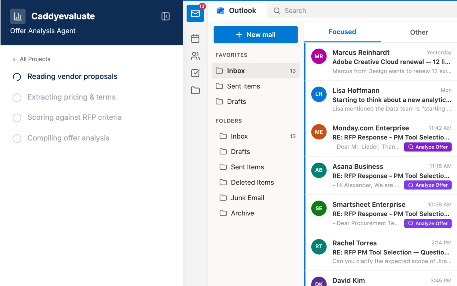 Offer analysis triggered on the vendor proposals in Outlook, Caddyevaluate starting to read them