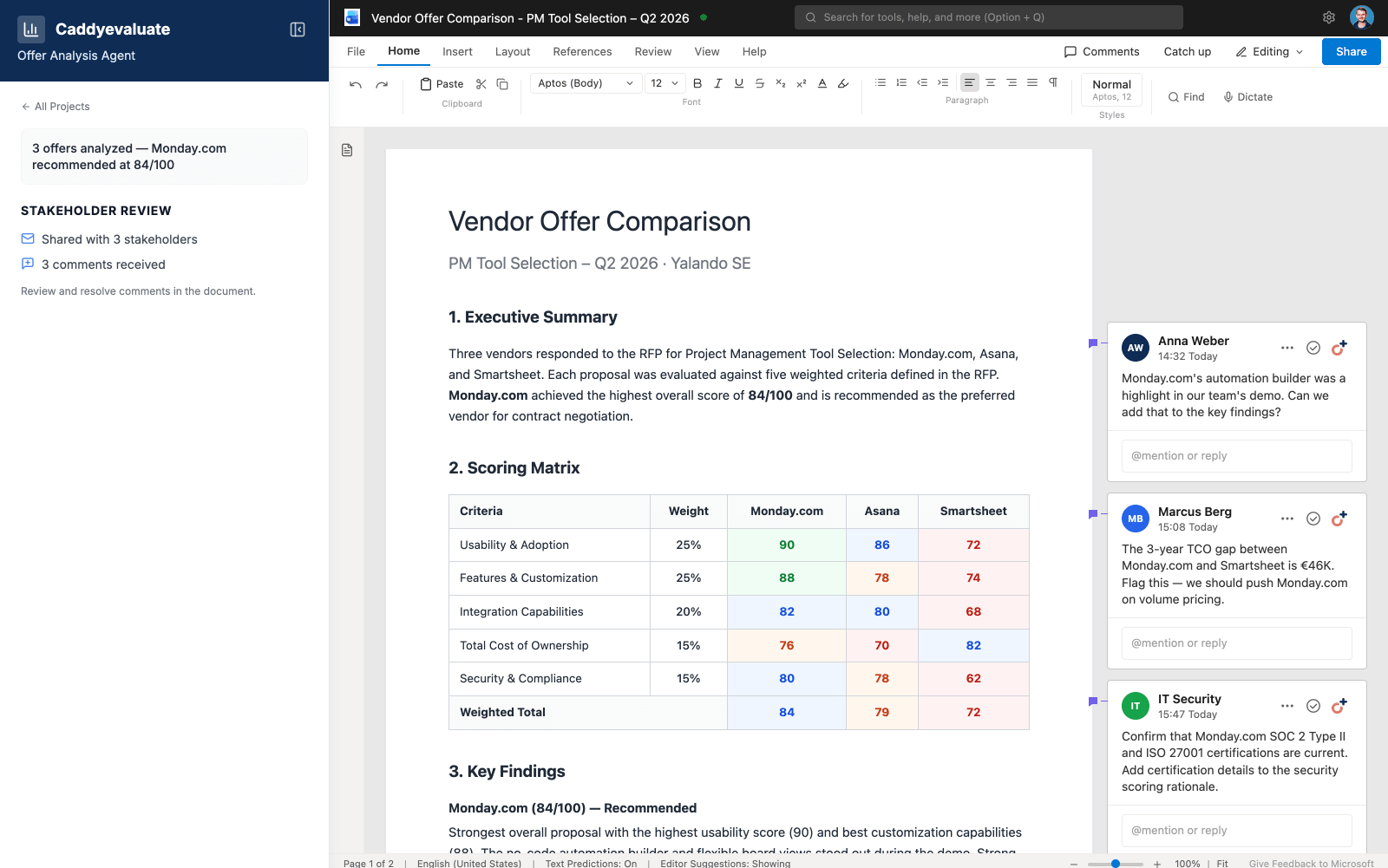 Vendor comparison document in Word with weighted scoring, a recommendation and stakeholder comments