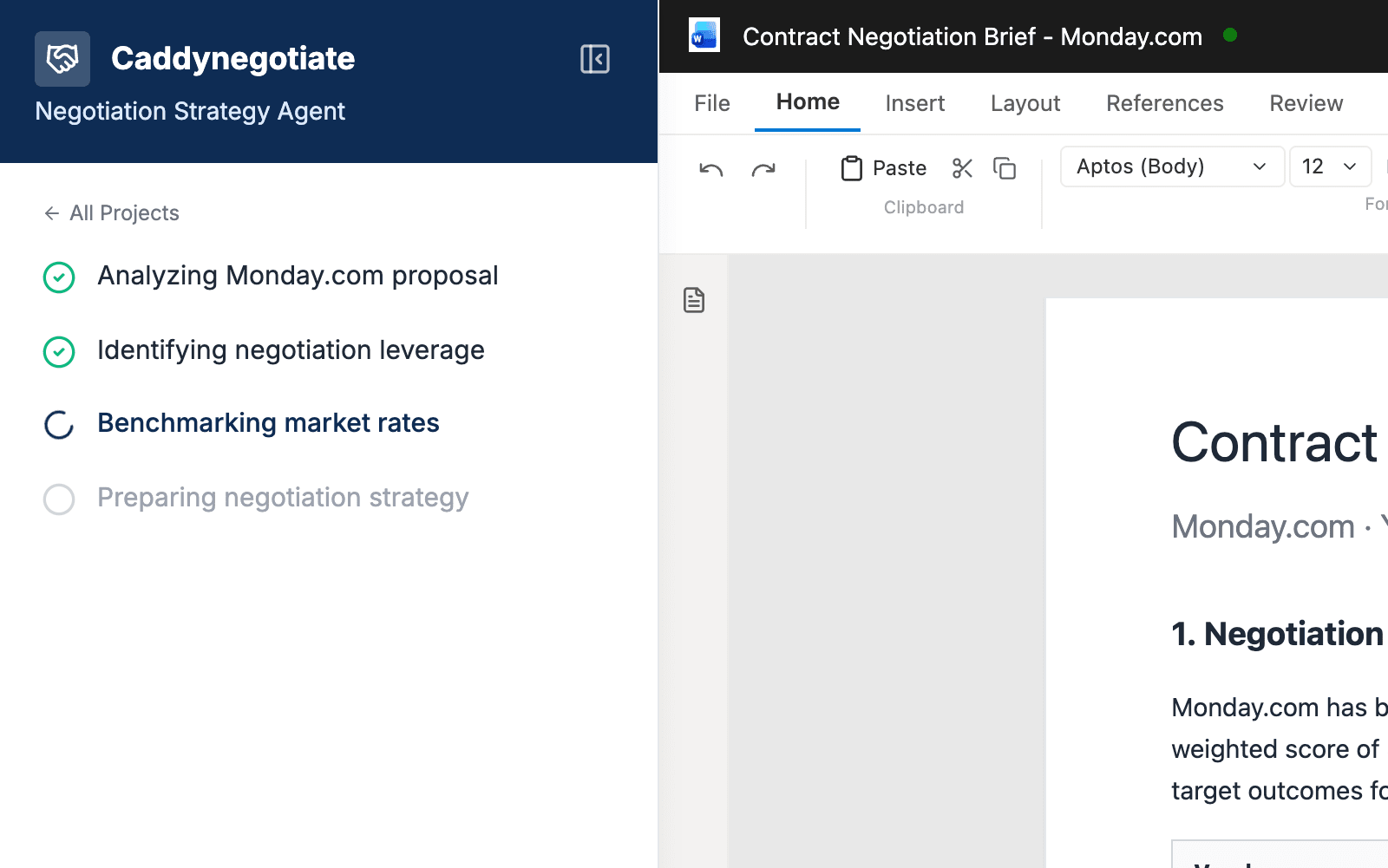 Caddynegotiate analysing the selected proposal in Word to identify negotiation leverage