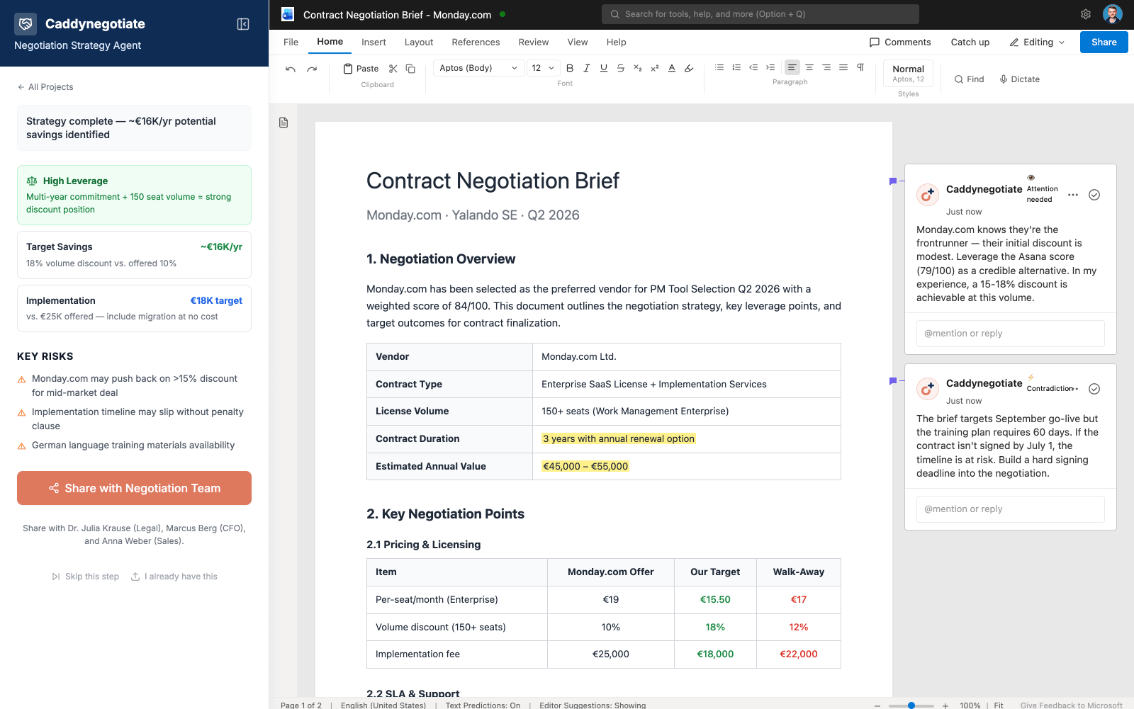 Negotiation brief in Word with target pricing, walk-away positions and key risks