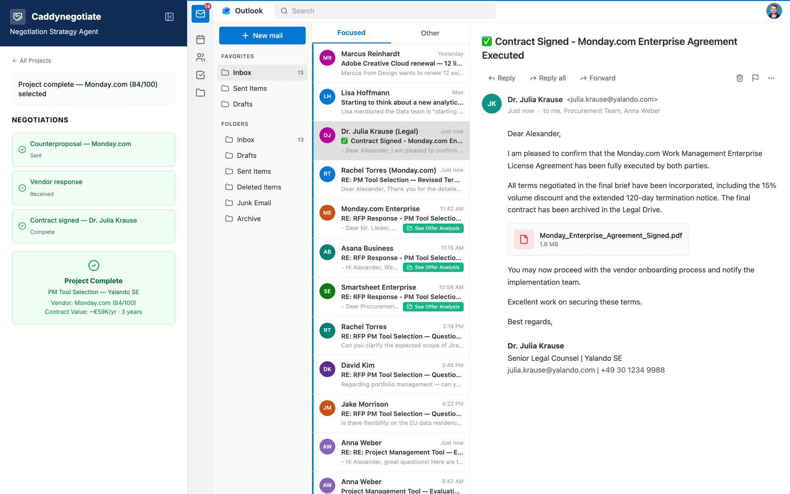 Legal team confirmation email in Outlook that the vendor contract is signed and executed