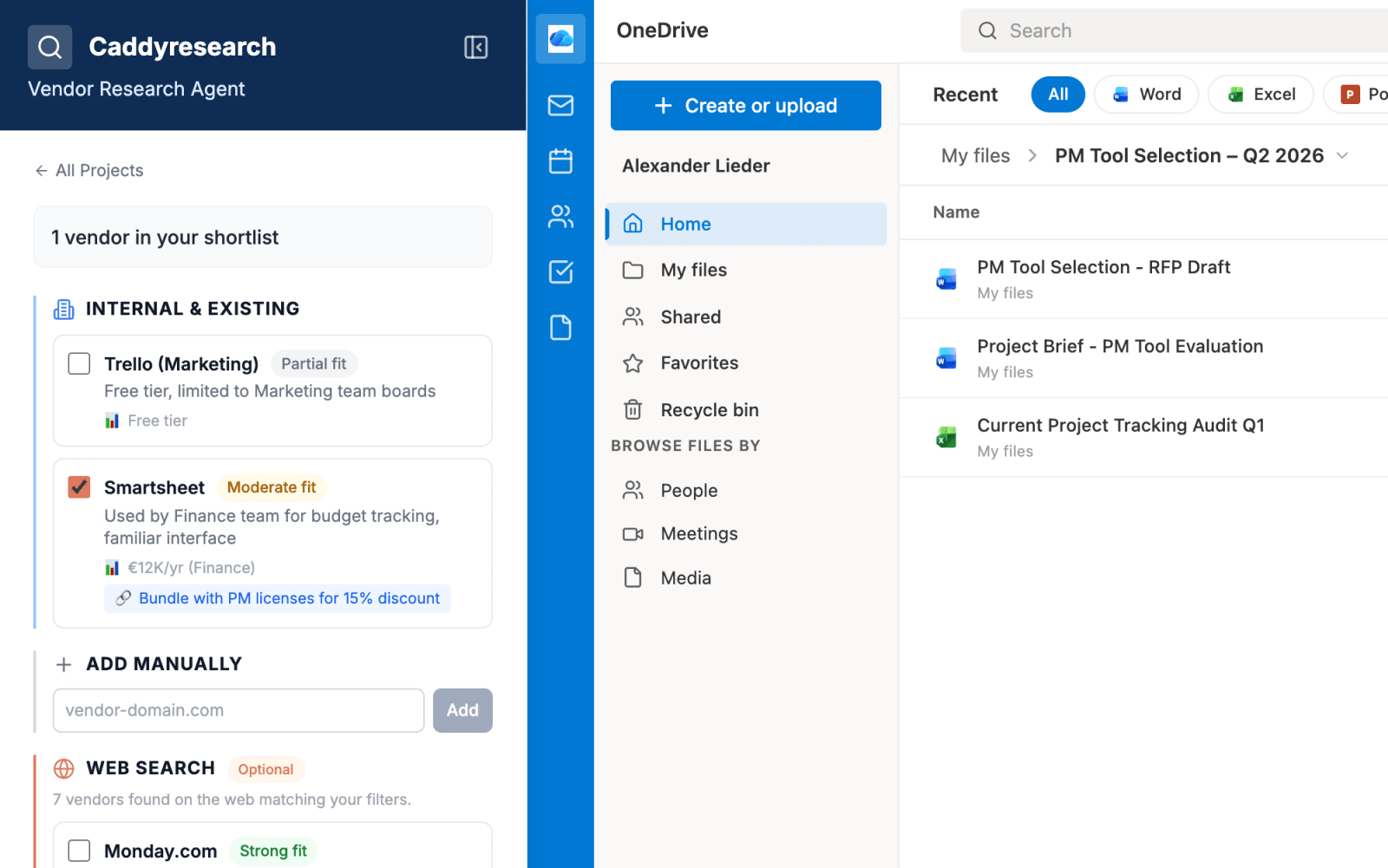 Caddyresearch listing the vendors it found, rated by fit, beside the project folder in OneDrive
