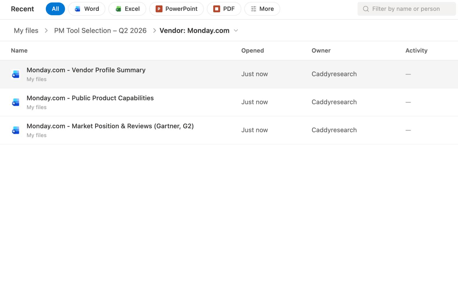 Vendor research files for Monday.com in OneDrive: profile summary, product capabilities and market position
