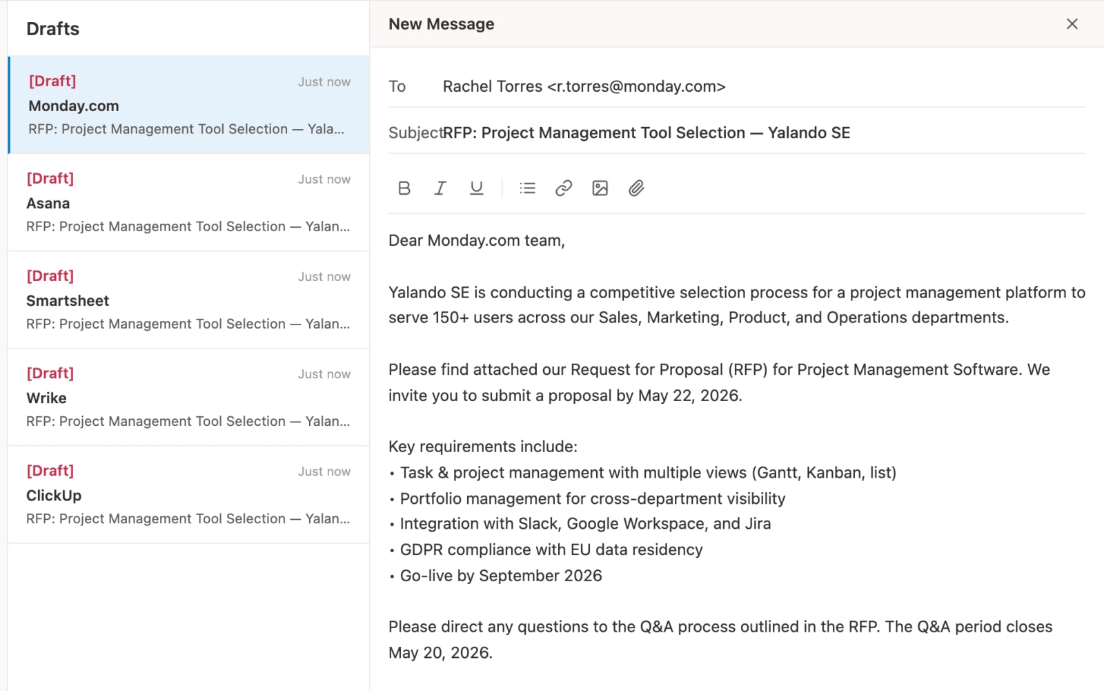 Confirmed five-vendor shortlist with the RFx distribution emails drafted in Outlook