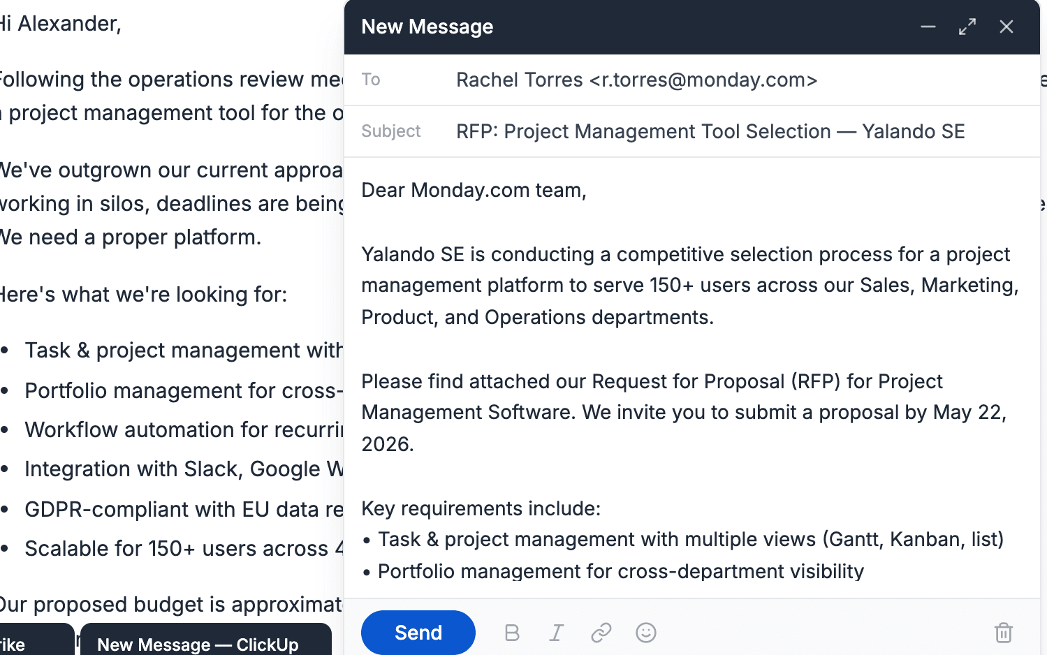 Confirmed five-vendor shortlist with the RFx distribution emails drafted in Gmail
