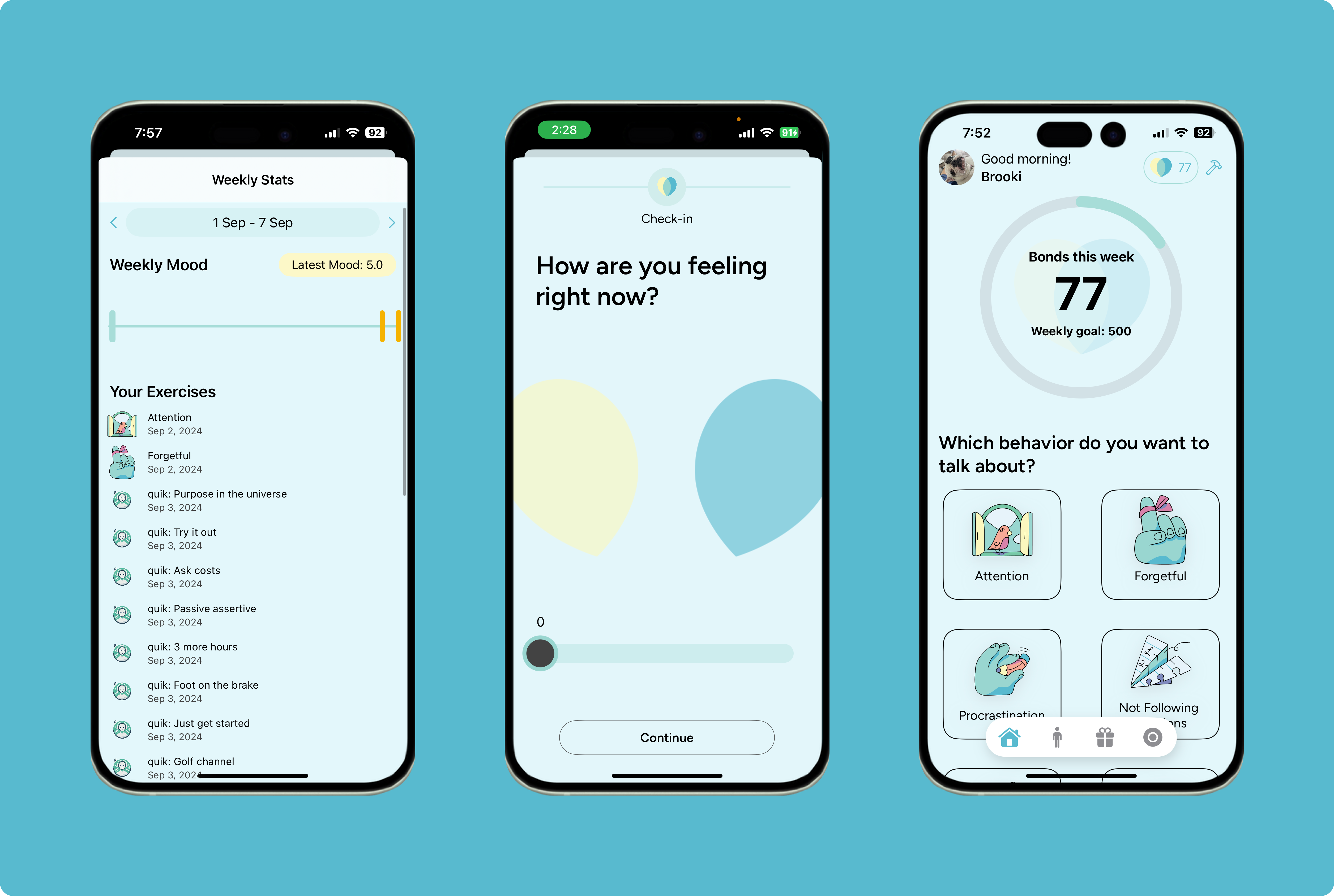 Two smartphone screens showcasing the Bonding Health app interface for ADHD parenting. Left screen shows weekly bonding score and behavior tracking options. Right screen displays weekly stats with mood tracking and exercises.