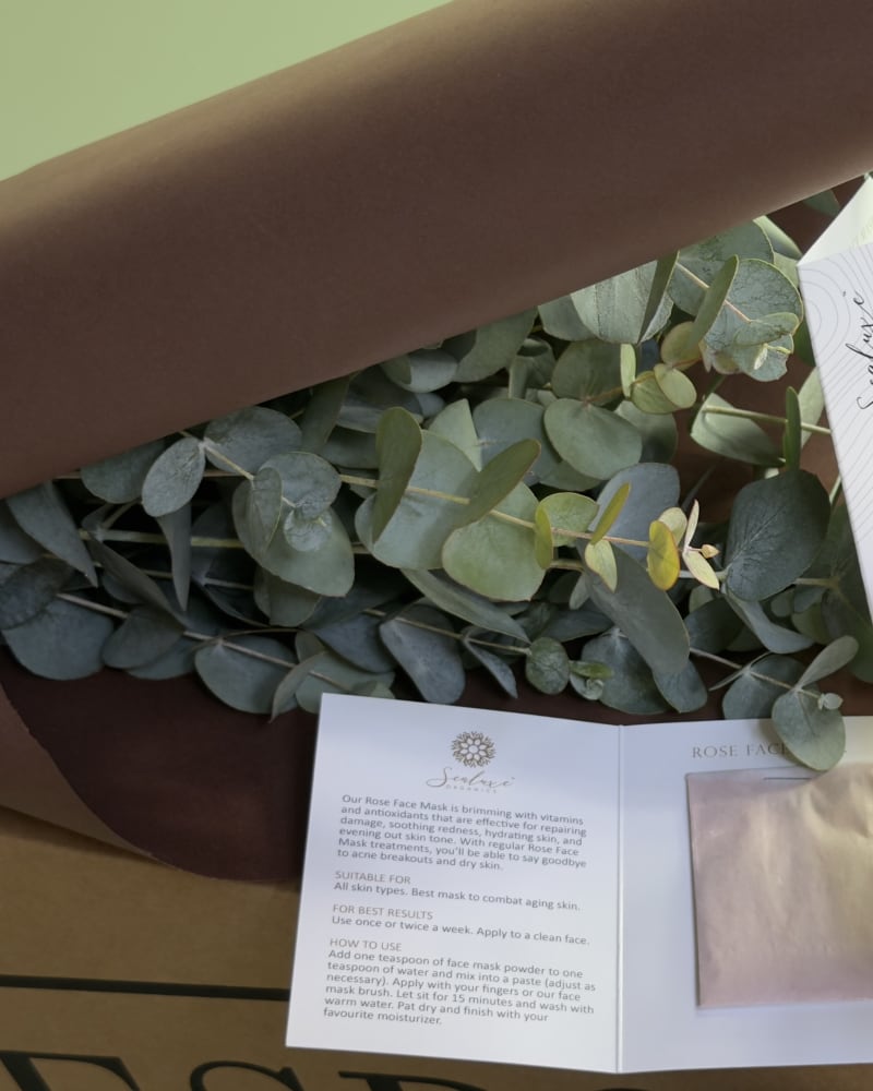 Self care box, roses, eucalyptus, bath products 