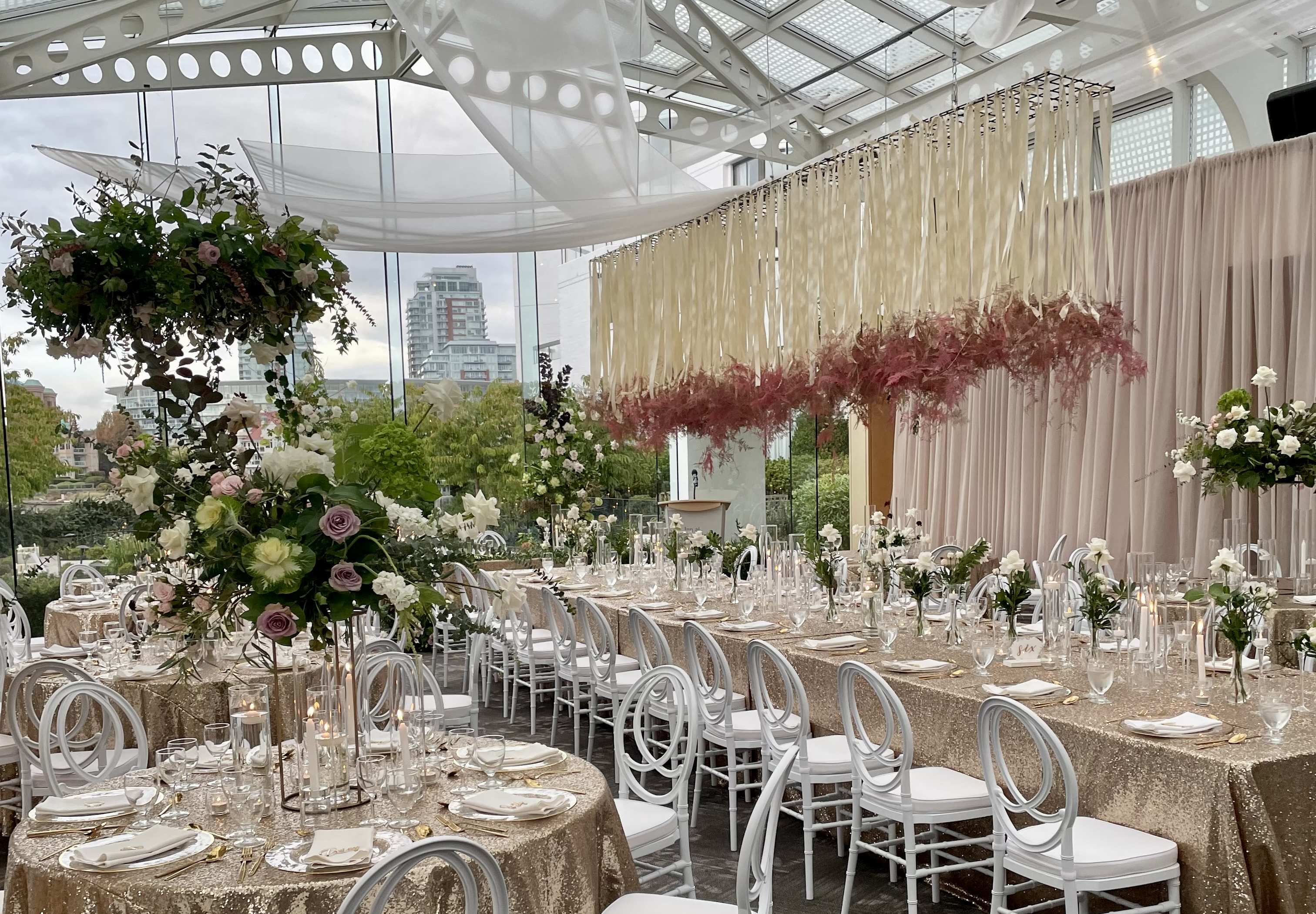 Hanging ribbon with florals over table