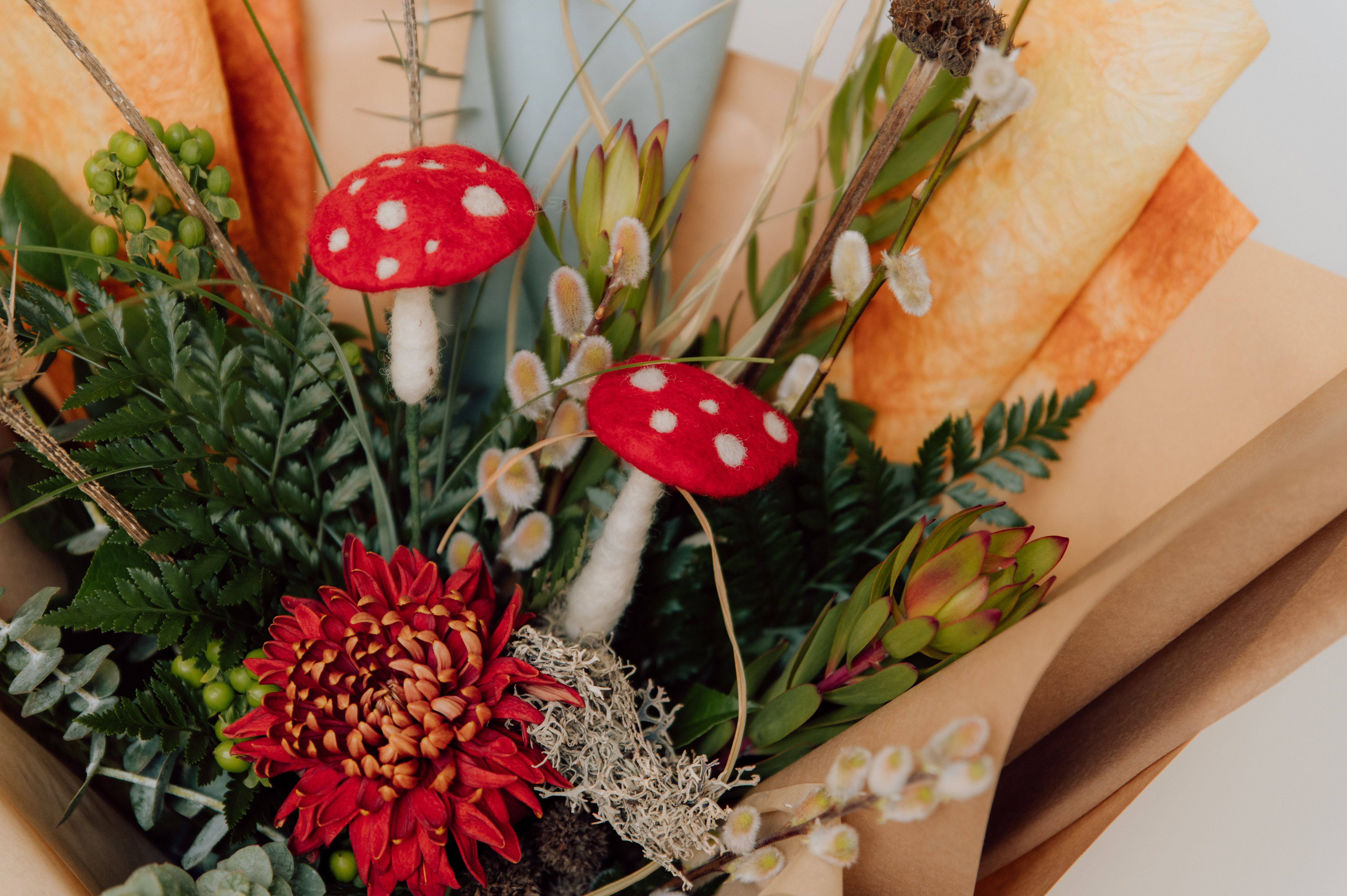 Woodland bouquet with felt mushrooms