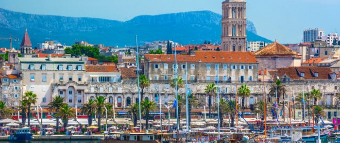 Split Croatia coastal view. / Seafront view at old city center in Split town, Diocletian Palace view from the Adriatic Sea, Croatia.