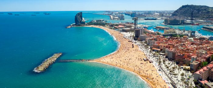 Barcelona central beach aerial view Sant Miquel Sebastian plage La Barceloneta district and port catalonia