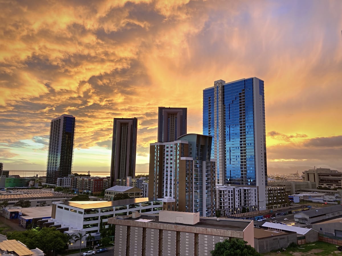 A beautiful city sunset over Honolulu, Hawaii during Hurricane Douglas
