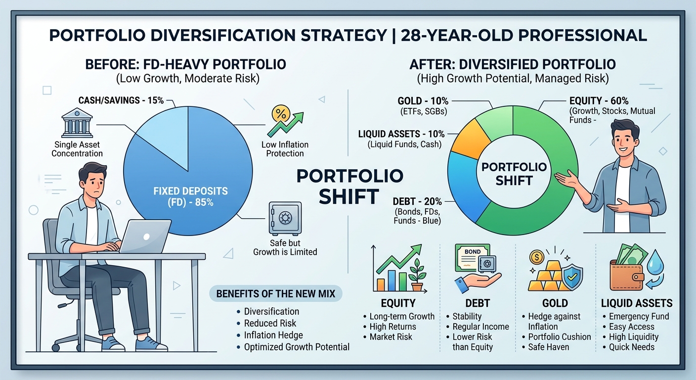 Comparison chart showing asset allocation shifts from fixed deposits to diversified stocks and mutual funds.