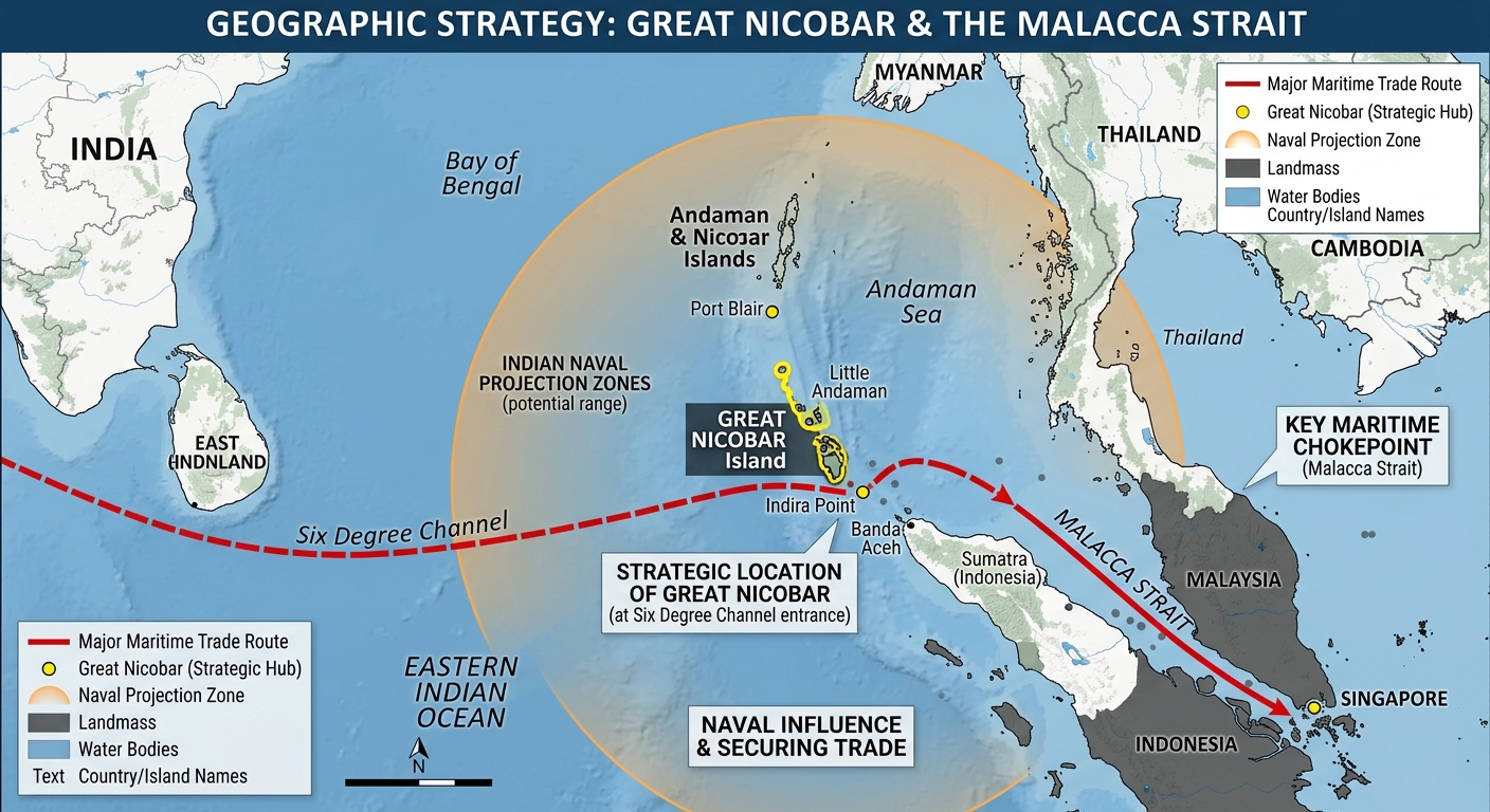 Map showing the proximity of Great Nicobar to the Malacca Strait trade route.