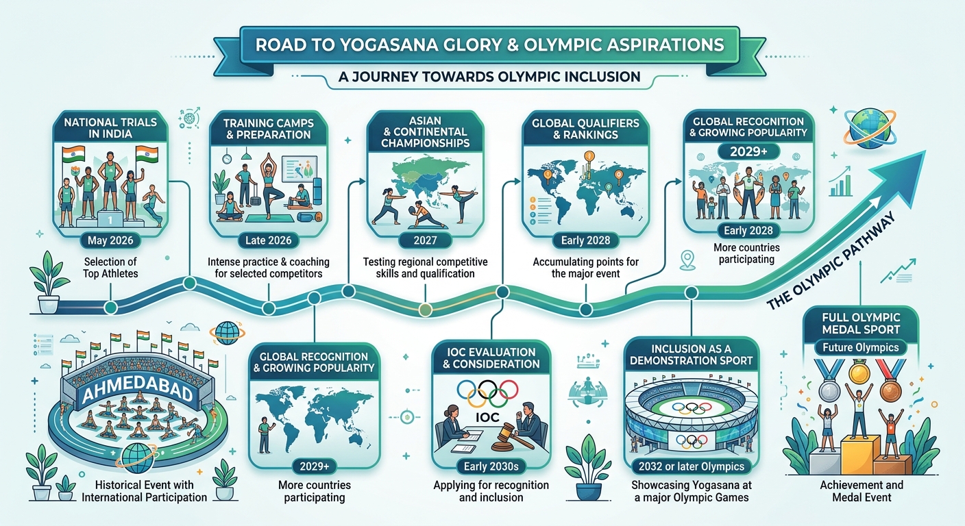 Infographic showing the timeline from national trials to the World Yogasana Championship.