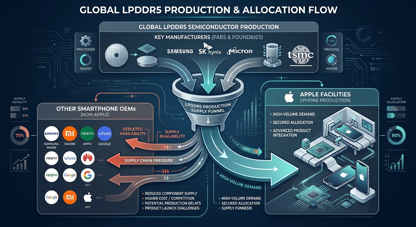 Infographic showing how Apple consumes the majority of available LPDDR5 memory supply.