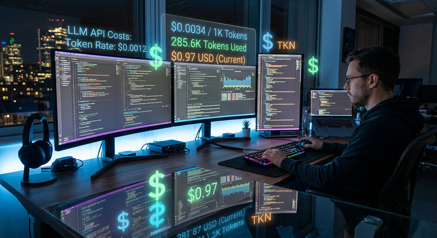 Modern developer workstation with digital financial overlays representing AI infrastructure costs.