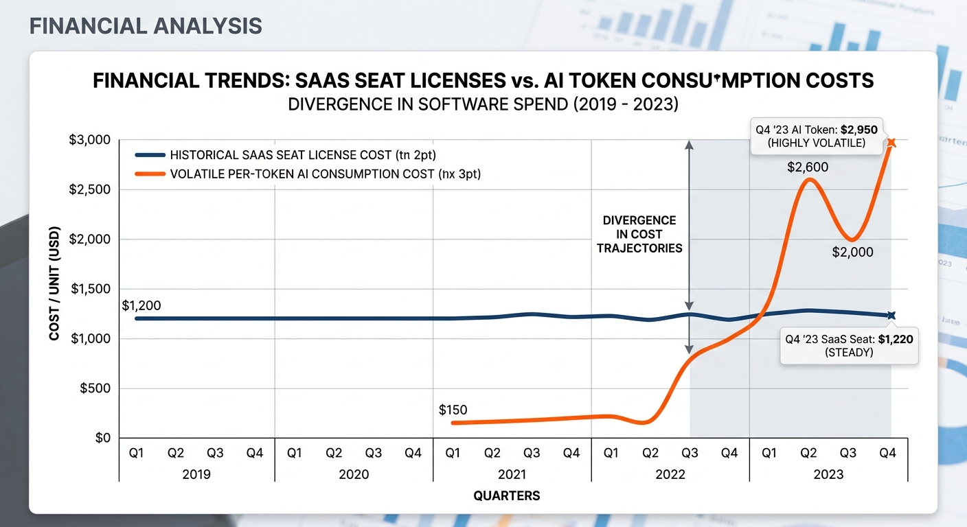 Financial chart comparing stable SaaS pricing with volatile AI token expenditure.