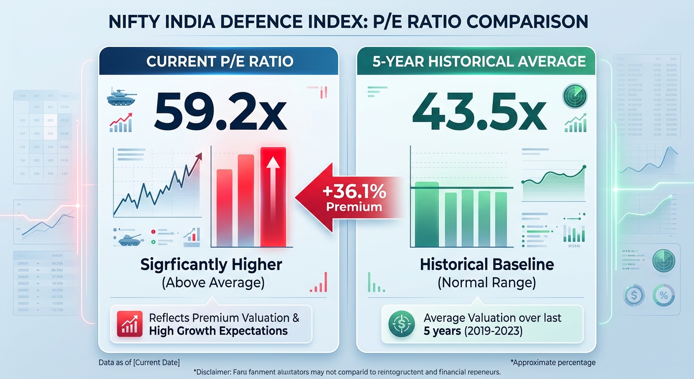Chart showing the Nifty India Defence Index P/E ratio rising from its 43.5x historical average to 59.2x in 2026.