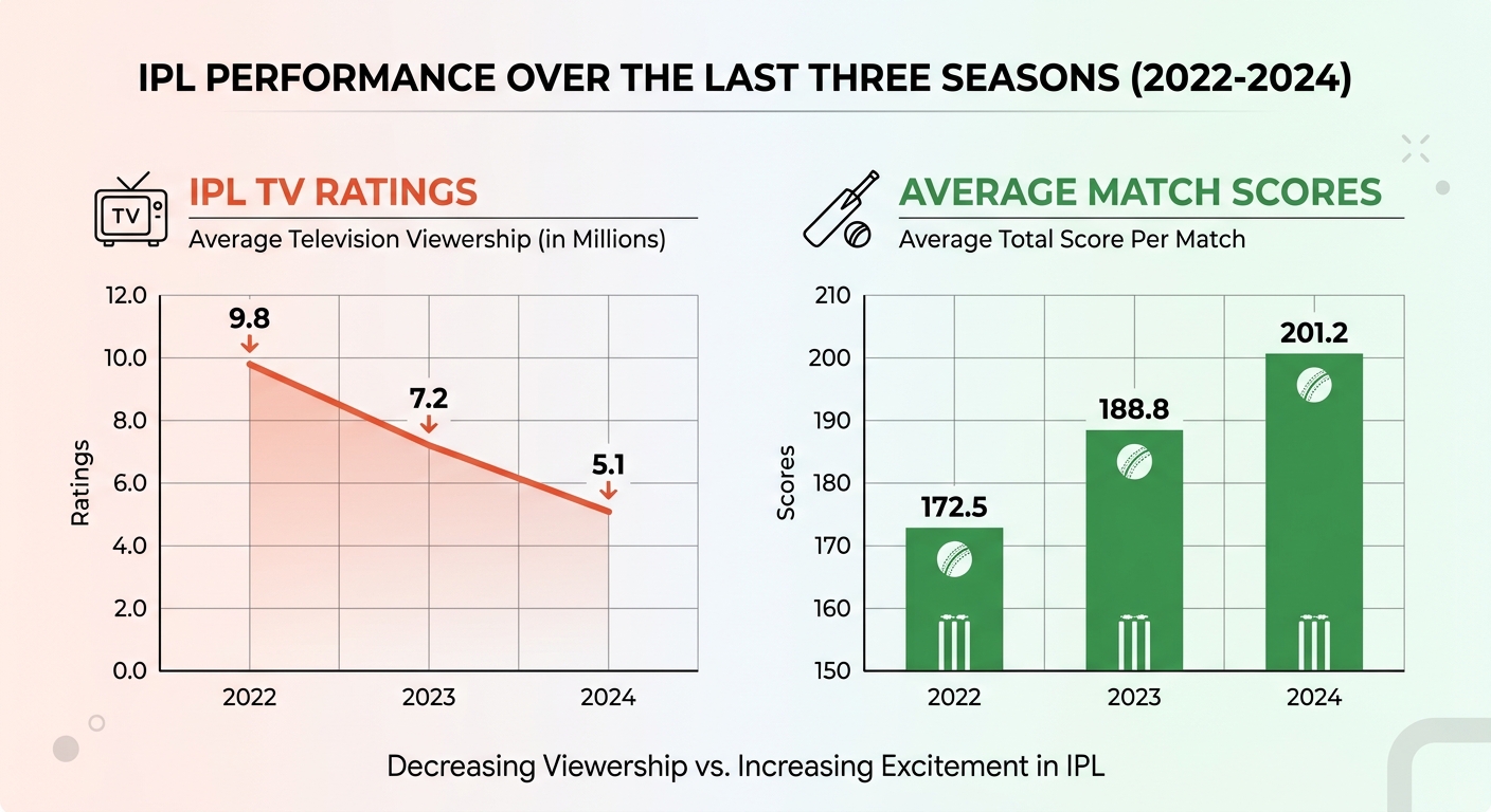Graph showing IPL average scores increasing while linear television viewership declines.