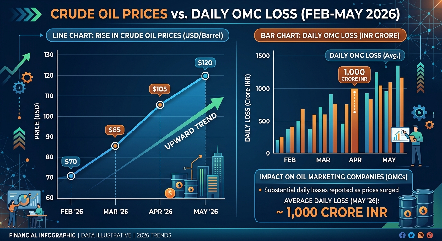 Infographic showing the correlation between rising global oil prices and India's economic austerity measures.