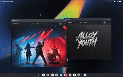 A Googlebook laptop interface showcasing Gemini AI creative features, including image editing, visual inspiration tools, music artwork generation, and contextual productivity assistance within a futuristic desktop environment.